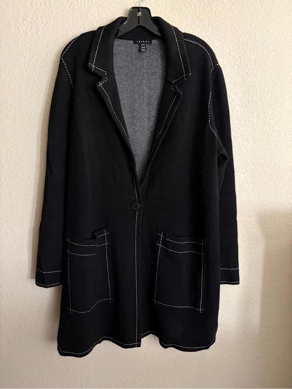 Tribal Black Long Knit XL Blazer with Contrast Stitching